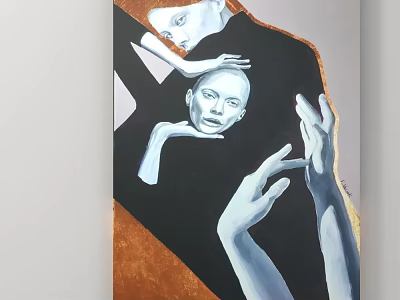Figure Painting Featuring Multiple Faces Expressive Hands In Black White And Gold 3d model