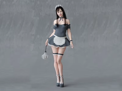 Woman in Classic Maid Outfit Holding Broom with White Headband Standing Against Gray Background 3d model