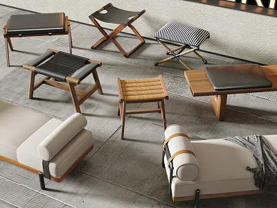 Modern Different Design Stools with Wooden Frames Leather Seats and Woven Details in Living Room 3d model