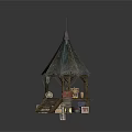 Small Wooden Pavilion Structure With Pointed Roof Steps And Items On