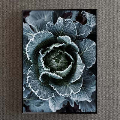 Botanical Painting of Frost Cabbage with Dark Green Leaves White Frosty Edges in Dark Frame 3d model