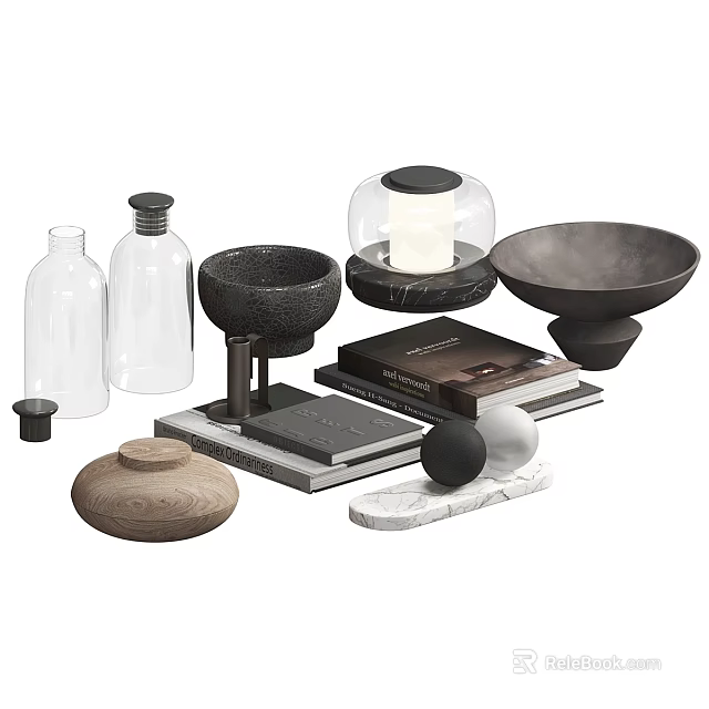 Modern Decorative Accessories Collection With Clear Glass Bottles Black Bowls Glass Dome Candle And Spheres 3d model 
