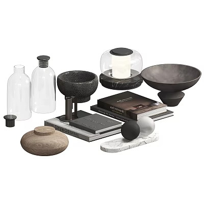 Modern Decorative Accessories Collection With Clear Glass Bottles Black Bowls Glass Dome Candle And Spheres 3d model