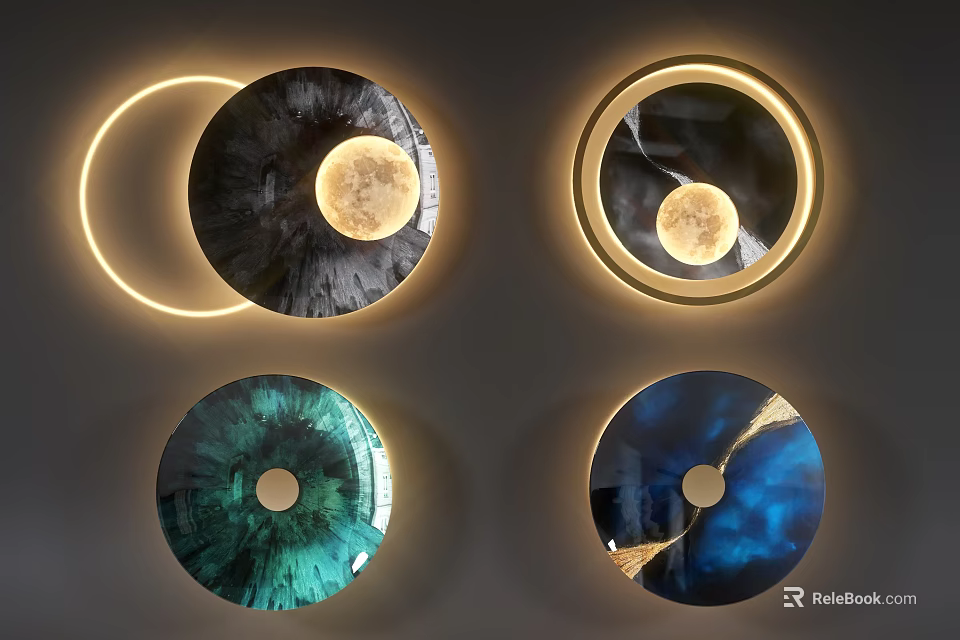 Modern Circular Wall Decor with Illuminated Edges and Celestial Moon Designs in Various Colors 3d model 