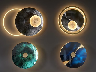 Modern Circular Wall Decor with Illuminated Edges and Celestial Moon Designs in Various Colors 3d model