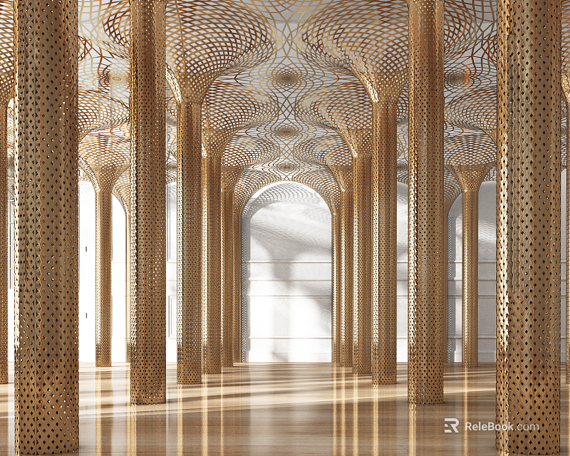 Golden Perforated Columns In Grand Hall With Arched Ceiling And Light Patterns 3d model 