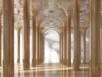 Golden Perforated Columns In Grand Hall With Arched Ceiling And Light Patterns 3d model