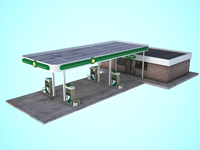 Gas Station With Green Canopy Solar Panels Fuel Pumps And Adjacent Brick Building 3d model