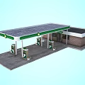 Gas Station With Green Canopy Solar Panels Fuel Pumps And Adjacent Brick Building