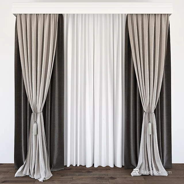 Modern Striped And Solid Color Curtains With Tiebacks For Home Decor 3d model 