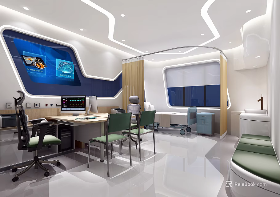 Modern Medical Room Interior With Desk Computer Green Chairs Large Screen Displays And Equipment 3d model 