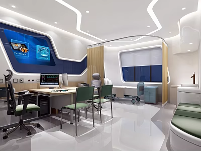 Modern Medical Room Interior With Desk Computer Green Chairs Large Screen Displays And Equipment 3d model