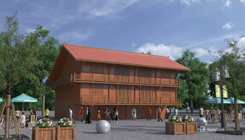 Traditional Wooden Ancient Building Two Story Red Roof With People Trees Flower Planters and Balls 3d model 