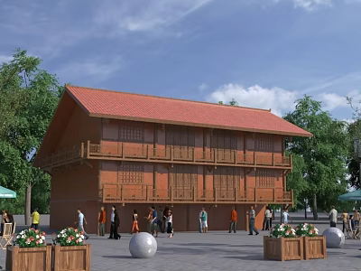 Traditional Wooden Ancient Building Two Story Red Roof With People Trees Flower Planters and Balls 3d model