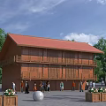 Traditional Wooden Ancient Building Two Story Red Roof With People Trees Flower Planters and Balls