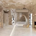 Modern Bedroom Interior With Rock Walls Fireplace Bathtub And Violin Decor