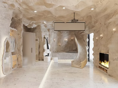 Modern Bedroom Interior With Rock Walls Fireplace Bathtub And Violin Decor 3d model