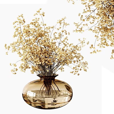 Golden Dried Flowers Arrangement In Amber Glass Vase For Home Interior Decor 3d model