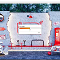 Vintage Style Commercial Equipment in Outdoor Scene with Red Postbox Bench and Cartoon Figure