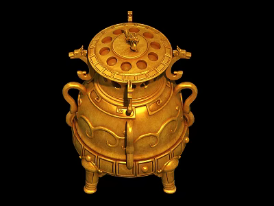 Golden Decorative Ornament Set with Intricate Carved Patterns Traditional Design Handles and Base 3d model