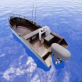 Small Wooden Boat With Steering Wheel Seats And Outboard Motor On Blue Sea