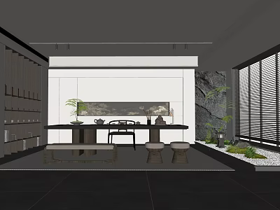 Modern Tea Room With Wooden Tea Table and Chairs Natural Stone Plants Wall Art 3d model