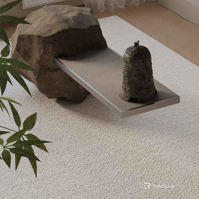 Modern Metal Sofa Bench with Antique Bell Stone and Green Plant on Carpeted Wooden Floor 3d model 