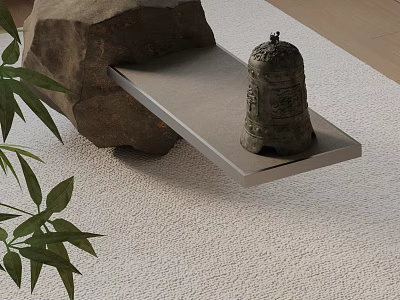 Modern Metal Sofa Bench with Antique Bell Stone and Green Plant on Carpeted Wooden Floor 3d model
