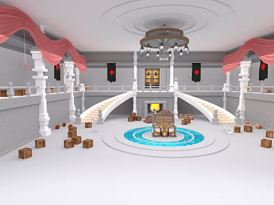 Grand Hall Interior Design With Red Curtains White Columns Chandelier Staircases Circular Pool And Wooden Crates 3d model