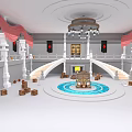 Grand Hall Interior Design With Red Curtains White Columns Chandelier Staircases Circular Pool And Wooden Crates