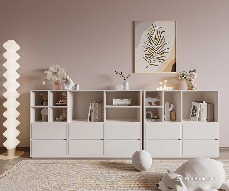 White Decorative Cabinet With Open Shelves Drawers Books And Decorative Items 3d model 