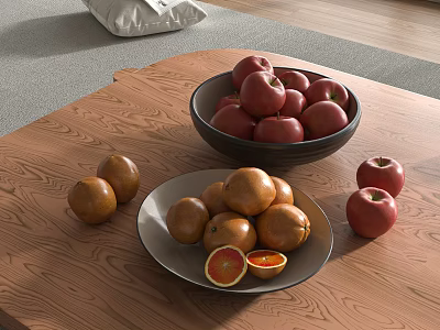 Fresh Red Apples and Sliced Oranges in Black Bowl and White Plate on Wooden Table 3d model