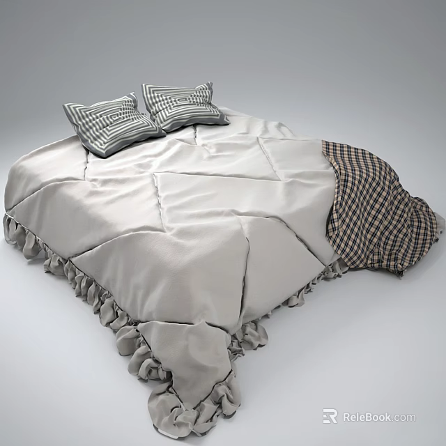 Double Bed with Light Colored Quilt Ruffled Edges Plaid Pillows and Dark Plaid Patchwork Corner 3d model 