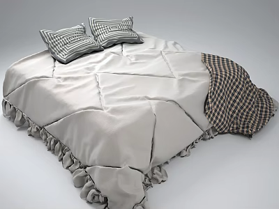 Double Bed with Light Colored Quilt Ruffled Edges Plaid Pillows and Dark Plaid Patchwork Corner 3d model