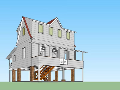 Two Story Detached House With Gabled Roof Porch Staircase And Windows 3d model