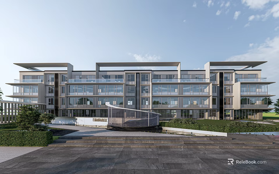 Modern Multistory Building Exterior Featuring Glass Curtain Walls And Landscaped Greenery With Steps 3d model 