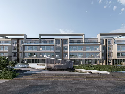 Modern Multistory Building Exterior Featuring Glass Curtain Walls And Landscaped Greenery With Steps 3d model