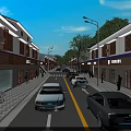 Vibrant Commercial Street with Modern and Traditional Architecture Store Signs Cars Pedestrians Bicycles Green Trees