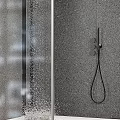 Modern Shower Sauna Interior With Glass Enclosure Rainfall Shower Head And Grey Textured Walls