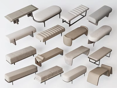Various Modern Upholstered Beige Benches With Different Shapes And Metal Legs 3d model