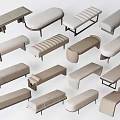 Various Modern Upholstered Beige Benches With Different Shapes And Metal Legs
