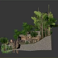 Cartoon Forest Scenery With Thatched Huts Trees Wooden Ladder And Green Vegetation