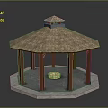 Octagonal Gazebo With Tiled Roof Wooden Pillars And Hexagonal Stone Base 3d model