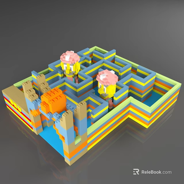 Colorful Building Blocks Maze With Pink Headed Figures And Castle Elements 3d model 