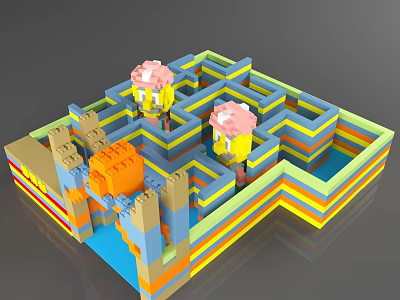 Colorful Building Blocks Maze With Pink Headed Figures And Castle Elements 3d model