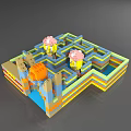 Colorful Building Blocks Maze With Pink Headed Figures And Castle Elements 3d model