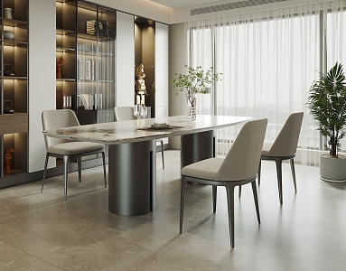 Modern Light Luxury Restaurant Marble Dining Table and Chair Combination Rock Plate Dining Table Strip Dining Table Leather Dining Chair Cabinet Wine Cabinet 3d model