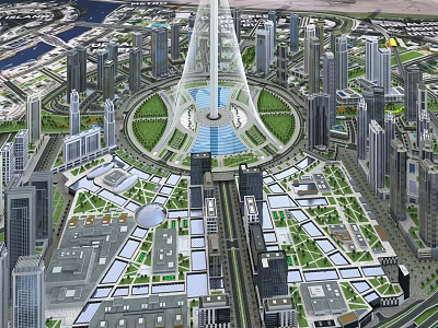 Aerial View Of Modern Cityscape With Tall Skyscrapers Central Fountain And Green Spaces 3d model