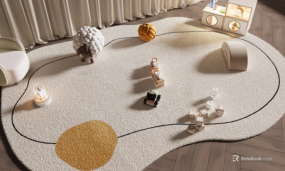 Stylish Shaped Carpet In Children's Play Area With Toys And Decorative Elements 3d model 
