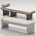 Two modern upholstered benches with light colored fabric curved arms and simple backrest designs